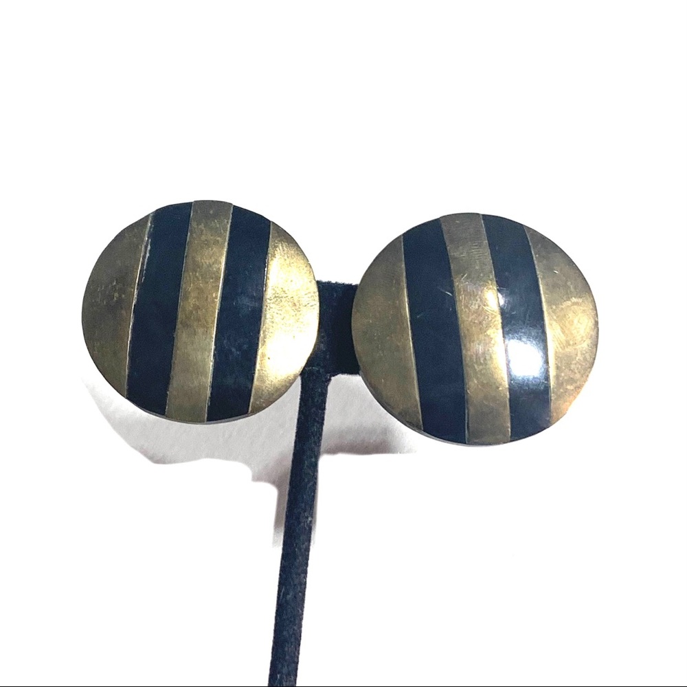 Vintage Striped Brass & Black Clip On Round Earrings MCM Retro Glam